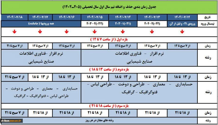 بازه زمانی حذف واضافه نیمسال اول 1404 2