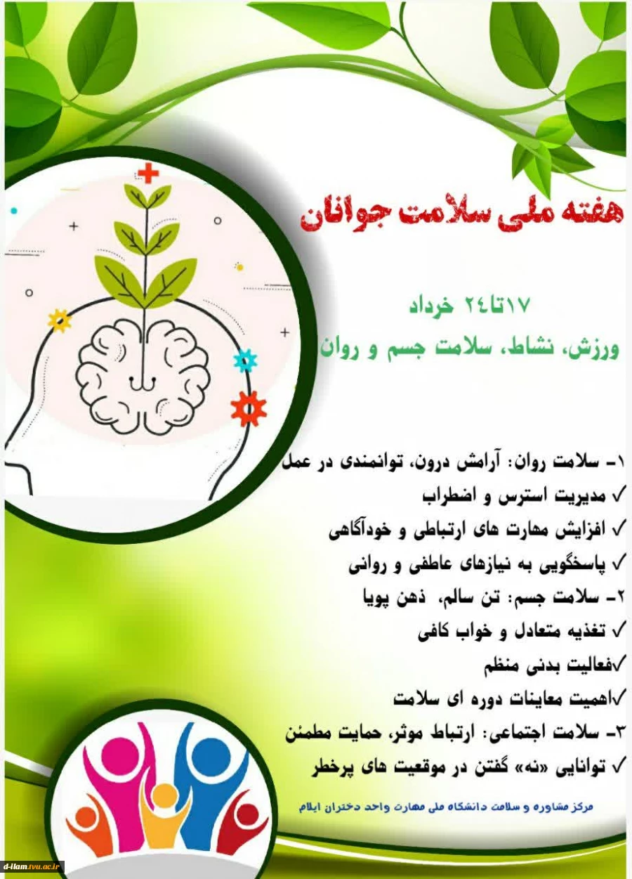 هفته ملی، سلامت جوانان هر سال هفته ملی سلامت جوان با هدف اطلاع رسانی و حساس سازی گروه‌های مختلف جامعه در خصوص اولویت‌های سلامت جوانان ۱۷ تا ۲۴ سال برگزار می‌شود سلامت 2